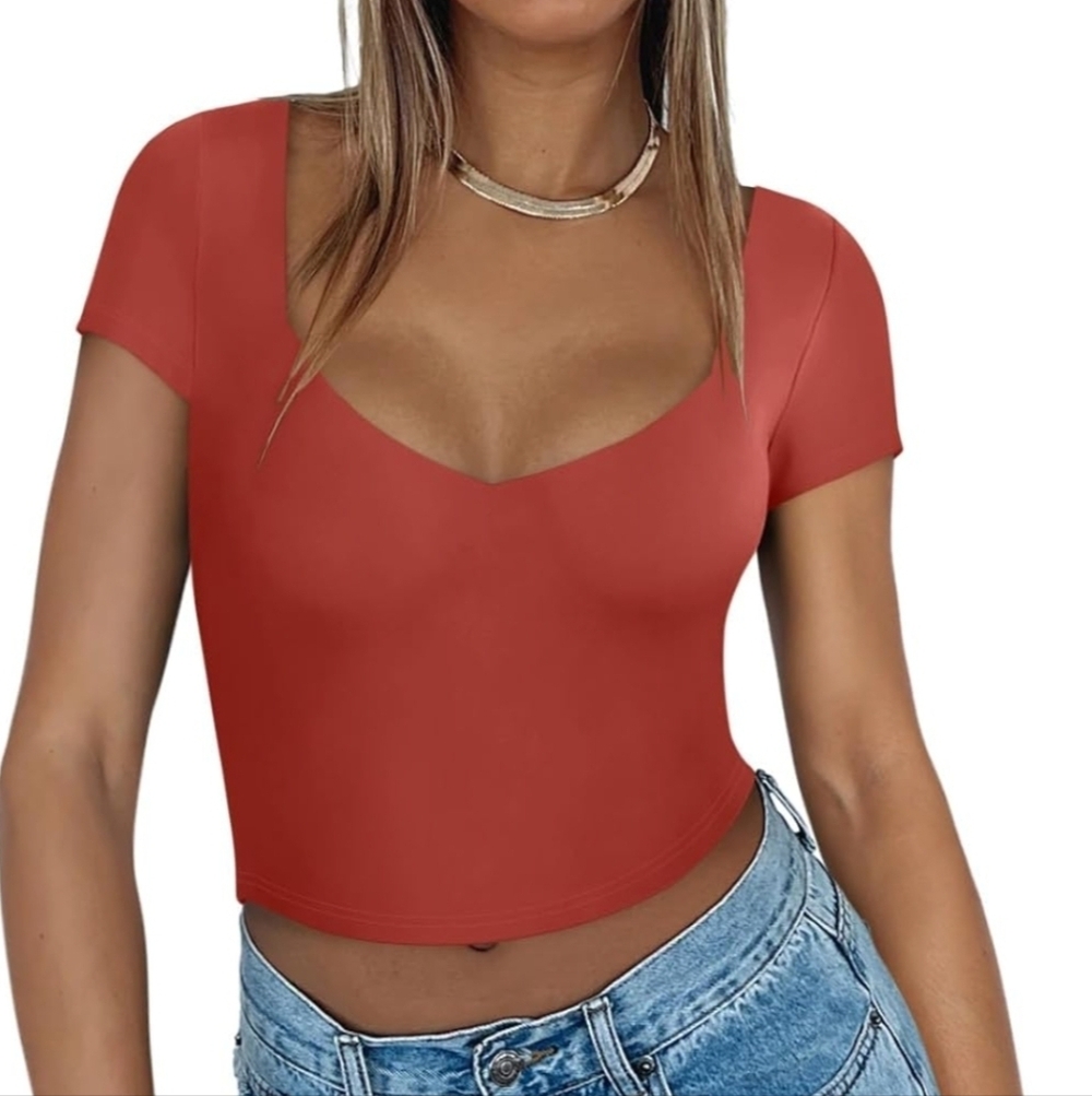 Women's Burnt Orange Red V-Neck Crop Top